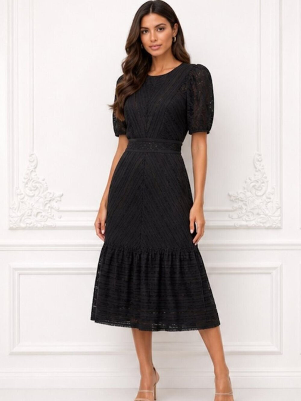 BCBG Max Azria Black Stretch Lace Puff Sleeve Midi Dress